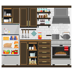 Cozy kitchen with furniture, food, dishes and equipment. Vector illustration on the theme of home interior and cooking.