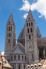 View of the southern transept with several towers of the Tournai Cathedral