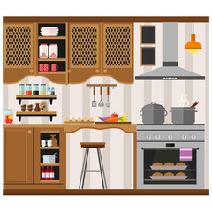 Cozy kitchen with furniture, food, dishes and equipment. Vector illustration on the theme of home interior and cooking.