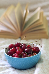 Bowl of cherries and open book on a bed. Selective focus.