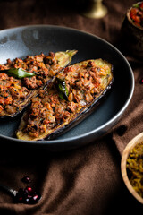Middle eastern meal with stuffed aubergine and rice