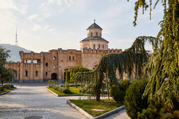Big orthodox cathedral St. Trinity or Chirch Sameba in Tbilisi city in Georgia and blue sky...