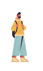 cute man with backpack smiling guy in casual trendy clothes male cartoon character standing pose full length isolated vertical vector illustration