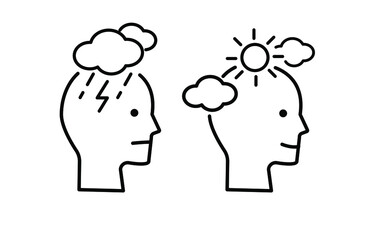 Human head with storm clouds, lightening and sunny clear sky, vector illustration. Psychology concept. Getting well, recovery