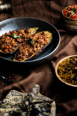Middle eastern meal with stuffed aubergine and rice