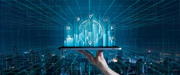 5G and Smart technology in modern city communication with graphic interface icon showing concept of digital transformation,internet of things (IOT), smart wireless and communication technology (ICT).