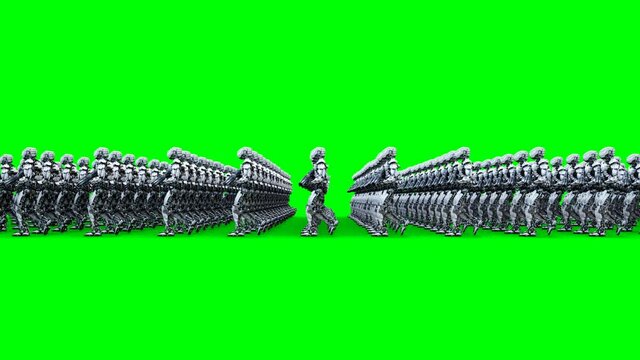 invasion of military robots with gun. marching robots. Green screen 4k footage.