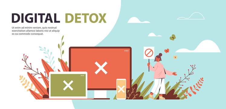 woman holding banner with prohibition sign rejection of gadgets devices internet and social networks digital detox concept healthy lifestyle horizontal full length vector illustration