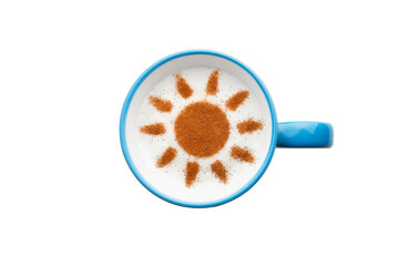 A rustic mug with coffee cream. Food art creative concept image, drawing with cinnamon powder over cream in a white background.
