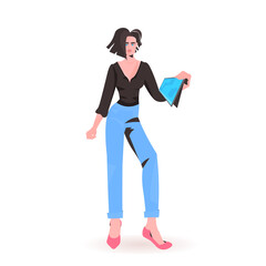 woman holding tablet pc beautiful girl model in trendy clothes female cartoon character standing pose full length isolated vector illustration