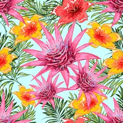 Tuinposter Palm leaves with blooming flowers. Tropical plants seamless pattern. Vector image. © podtin