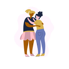 Dark-skinned girl hug light-skin woman, she holding hands on her shoulders. Cartoon characters isolated on white background. Interracial hugs. Multiethnic friendship concept. Stock vector illustration