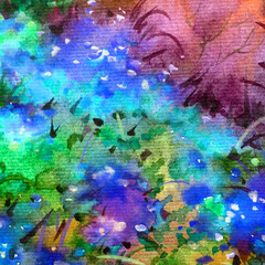 Watercolor colorful bright textured abstract background handmade . Mediterranean landscape . Painting of  vegetation of the sea coast , idyll garden , made in the technique of watercolors from nature