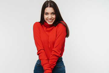 Photo of happy beautiful woman smiling and posing on camera