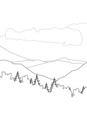 Coloring of forest silhouette against the background of mountains
