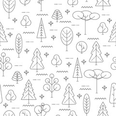 Line trees on a white background. Seamless pattern. Flat line style. Vector illustration