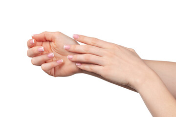 Well-groomed female hands with manicure on white background