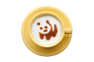 A rustic mug with coffee cream. Food art creative concept image, drawing with cinnamon powder over cream in a white background.
