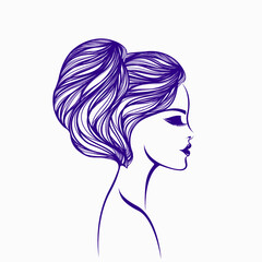 Hair salon and beauty studio logo.Beautiful woman with wavy hairstyle and elegant makeup.Long eyelashes.Closed eyes young lady face.Retro style.