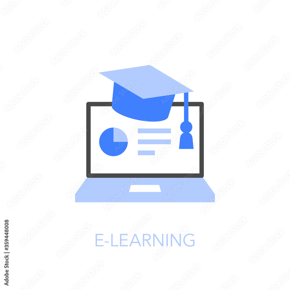 Poster e-learning or online education symbol with laptop and graduation cap. easy to use for your website o