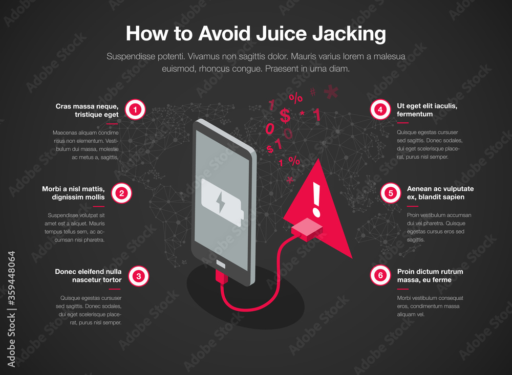Poster simple infographic template for how to avoid juice jacking, isolated on light background. easy to us
