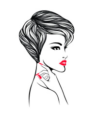 Hair salon, nails art and beauty studio logo.Beautiful woman with  short, wavy hairstyle, elegant makeup and manicure.Long eyelashes, red lipstick and nail polish.Young lady.