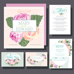 Fototapeta na wymiar Wedding invitations card with bouquet roses flowers. RSVP card, menu design.