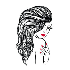 Hair salon, nails art and beauty studio logo.Beautiful woman with  long, wavy hairstyle, elegant makeup and manicure.Long eyelashes, red lipstick and nail polish.Young lady.
