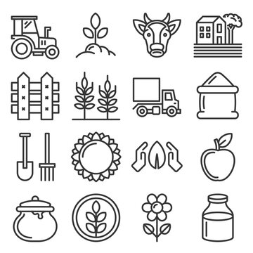 Farm Icons Set on White Background. Line Style Vector
