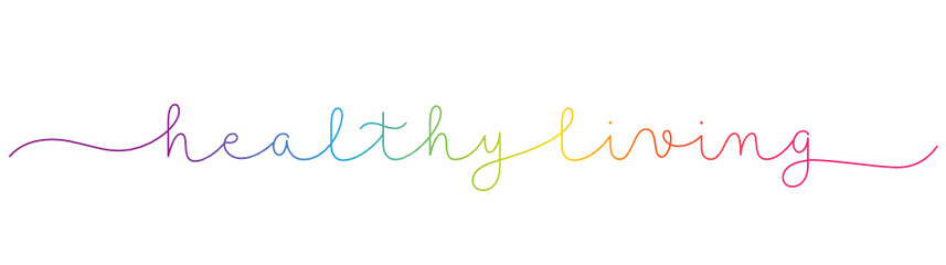 Fototapeta na wymiar HEALTHY LIVING rainbow vector monoline calligraphy banner with swashes