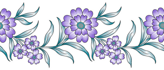 Seamless blue Asian textile floral border design on white background © malkani