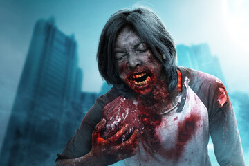 Scary zombie with blood and wound on his body eat the raw meat