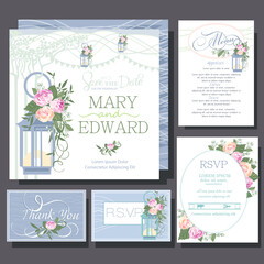 Wedding invitations card with bouquet roses flowers. RSVP card, menu design.