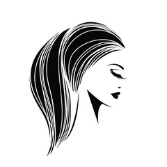 Hair salon and beauty studio logo.Beautiful woman with ponytail hairstyle and elegant makeup.Profile view portrait.Young lady head. - obrazy, fototapety, plakaty