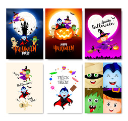 Halloween cartoon character greeting card, flyer, banner, poster templates set. Vector illustration. Perfect for party invitation.