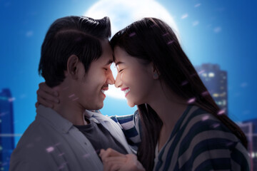 Asian couple in love hugging each other