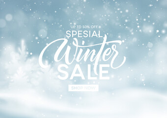Winter sale background template. Christmas winter snowy landscape. Winter snow dust background. Vector illustration