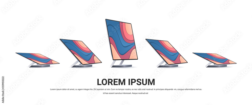 Poster modern computer monitor with colored screen realistic mockup gadgets and devices concept different a