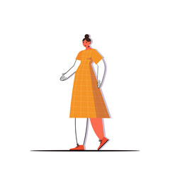 young woman in casual trendy clothes pointing hand on something female cartoon character standing pose full length isolated vector illustration