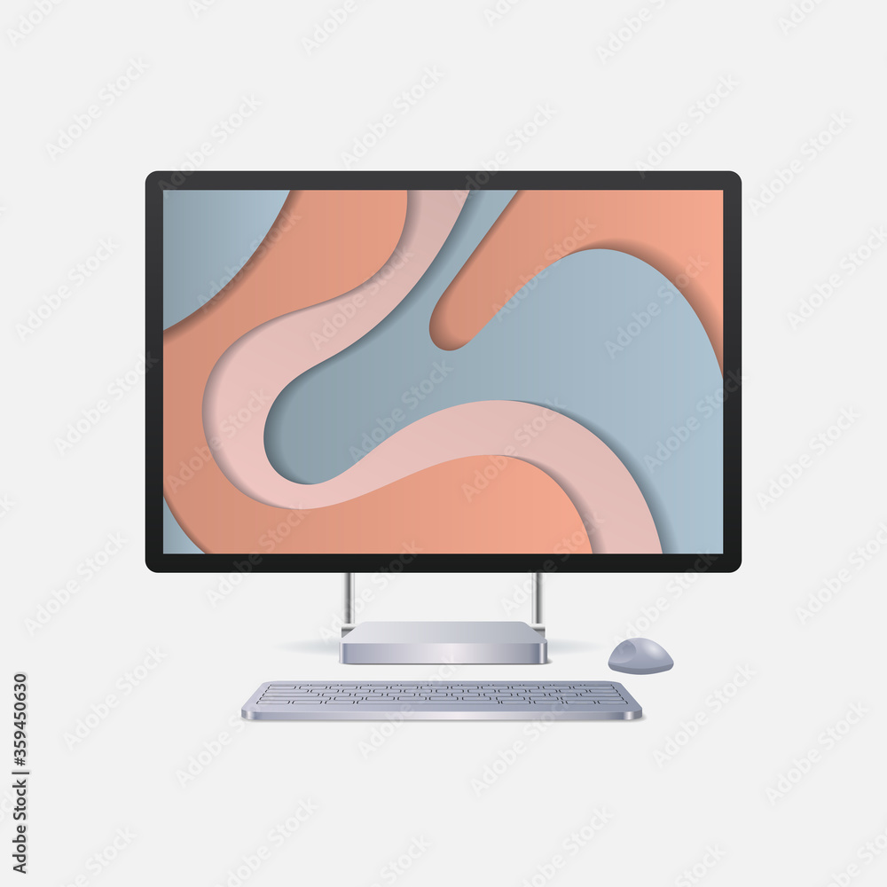 Poster modern computer monitor with keyboard mouse and colored screen realistic mockup gadgets and devices 