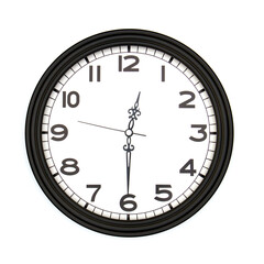 Black round analog wall clock isolated on white background, its half past twelve.