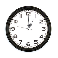Black round analog wall clock isolated on white background, its one oclock.