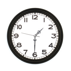 Black round analog wall clock isolated on white background, its half past one.