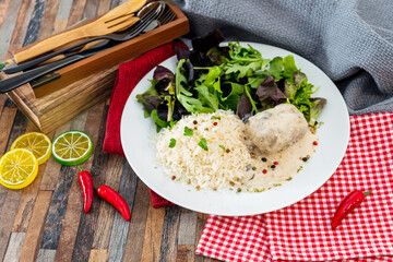 Veal Paupiette stewed with cream and rice