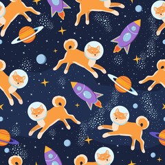 Cute puppy astronaut in cosmos seamless pattern. Shiba inu in space with stars, planets, galaxy. Childish design for textile, fabric, nursery.
