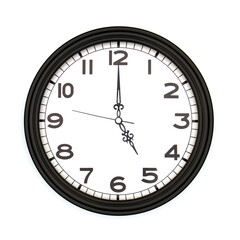 Black round analog wall clock isolated on white background, its five oclock.