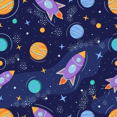 Colorful space seamless pattern with rockets, planets, stars and galaxy. Childish vector illustration of cosmos.