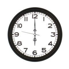 Black round analog wall clock isolated on white background, its six oclock.