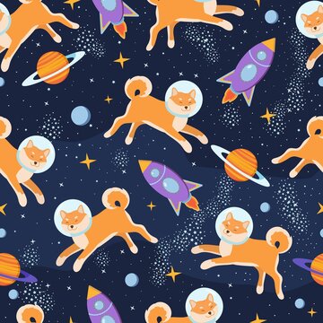 Cute puppy astronaut in cosmos seamless pattern. Shiba inu in space with stars, planets, galaxy. Childish design for textile, fabric, nursery.