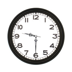 Black round analog wall clock isolated on white background, its half past nine.